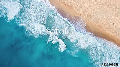 Beach and waves from top view. Turquoise water background from top view. Summer seascape from air. Top view from drone. Travel c (keretezett kép) - vászonkép, falikép otthonra és irodába