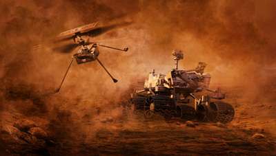 Perseverance és helikoptere porviharban a Marson (keretezett kép) - vászonkép, falikép otthonra és irodába