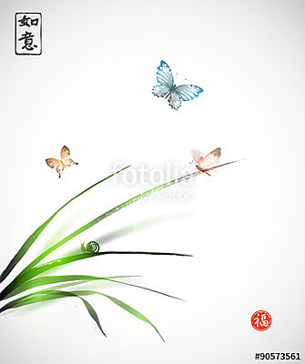 Pillangók és kis csiga a fű leveleken h (fotótapéta) - vászonkép, falikép otthonra és irodába
