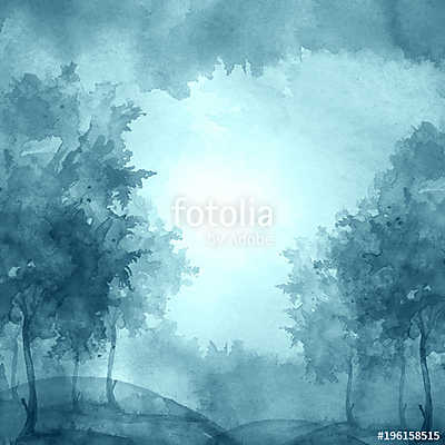 Watercolor banner, logo, postcard. blue silhouette of the forest (keretezett kép) - vászonkép, falikép otthonra és irodába