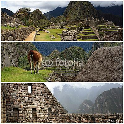 Peru kollagája Machu Pichu és Titicaca tó tájakkal (keretezett kép) - vászonkép, falikép otthonra és irodába