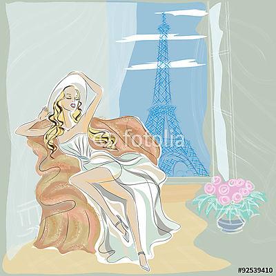 Fashion girl in Paris hotel közelében Eiffel Towe (többrészes kép) - vászonkép, falikép otthonra és irodába