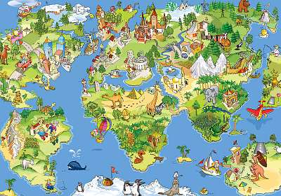 Nagy és vicces világtérkép (többrészes kép) - vászonkép, falikép otthonra és irodába