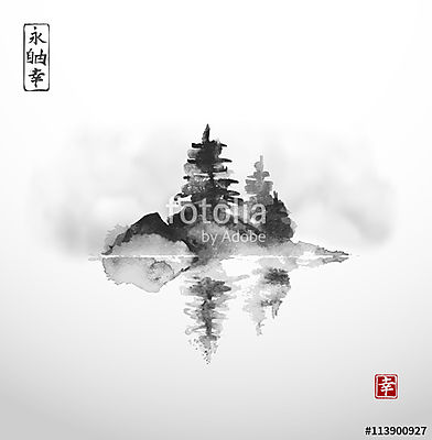 Kis sziget, három fenyőfák ködben, gondolkodás wa (többrészes kép) - vászonkép, falikép otthonra és irodába