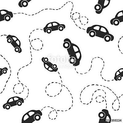 Seamless pattern - cars. Black on white (keretezett kép) - vászonkép, falikép otthonra és irodába