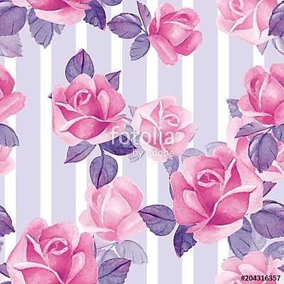 Floral seamless pattern. Watercolor background with pink roses (keretezett kép) - vászonkép, falikép otthonra és irodába