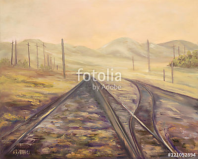Vonat sínek (olajfestmény reprodukció) (keretezett kép) - vászonkép, falikép otthonra és irodába