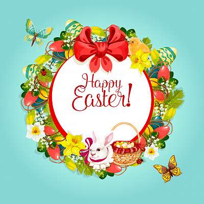 Húsvét virágos koszorú keret az ünnepi kártya kialakításához (poszter) - vászonkép, falikép otthonra és irodába