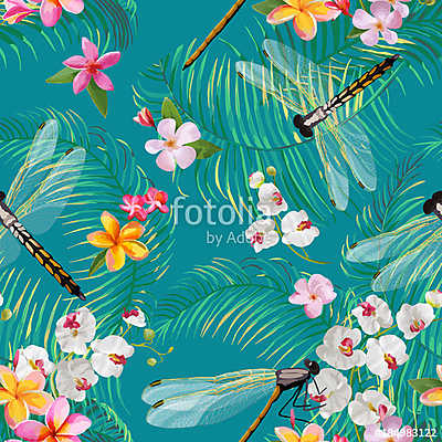 Trópusi virágos zökkenőmentes minta a sárkányfoltokkal. Botaniku (poszter) - vászonkép, falikép otthonra és irodába