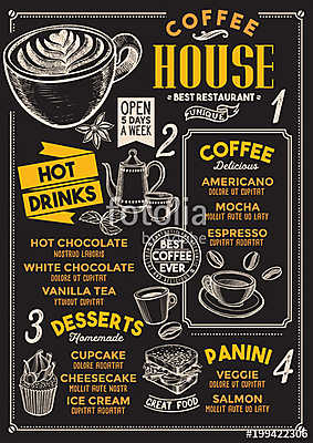 Coffee restaurant menu. Vector drink flyer for bar and cafe. Des (poszter) - vászonkép, falikép otthonra és irodába