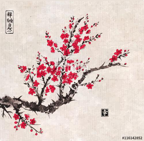 Oriental sakura cseresznyefa virágban vintage rizspapírral, Premium Kollekció