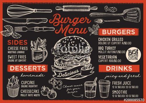 Burger restaurant menu. Vector food flyer for bar and cafe. Desi, Premium Kollekció