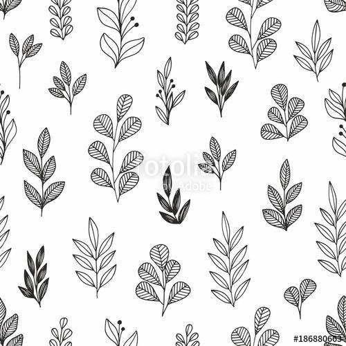 Stylized flowers and branches. Vector linear seamless pattern fo, Premium Kollekció