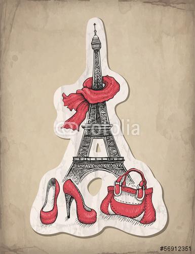 Divat illusztráció. Eiffel-torony, cipők és kézitáska, Premium Kollekció