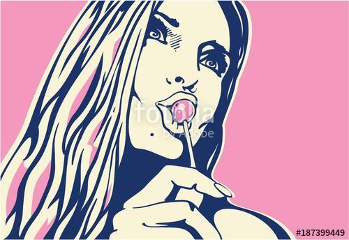 woman licking lollipop pop art style banner, Premium Kollekció