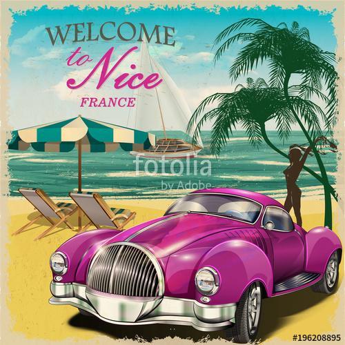 Welcome to Nice retro poster.Печать, Premium Kollekció