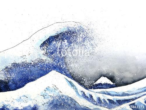 japanese great wave art. watercolor style.hand drawn, Katsushika Hokusai