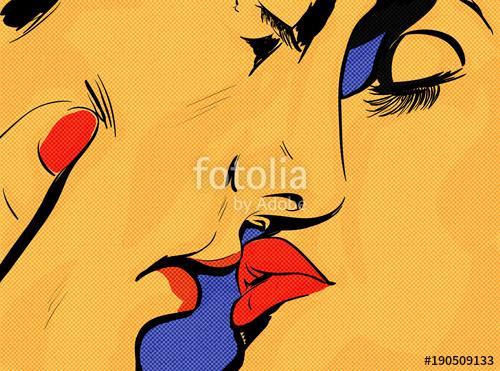 pop art couple amour sensualité, gros plan,baiser,dessin couleur, Premium Kollekció