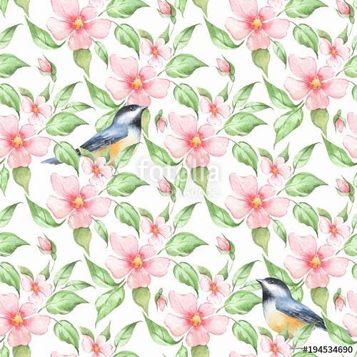 Spring flowers and birds. Hand drawn watercolor floral seamless , Premium Kollekció