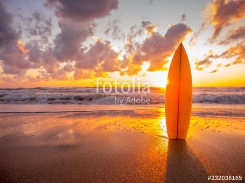 surfboard on the beach in sea shore at sunset time with beautiful light, Premium Kollekció