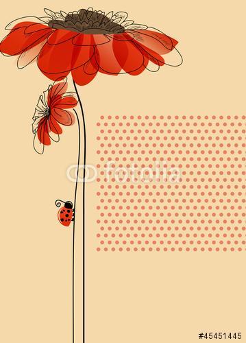 Elegáns vektoros kártya virágokkal és aranyos katicabogárral, Premium Kollekció