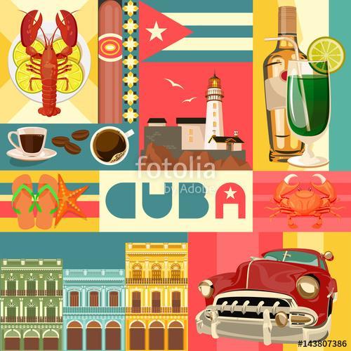 Kuba látványosság és látnivalók - utazási képeslap fogalom. Vect, Premium Kollekció