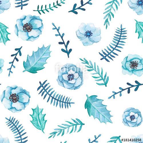 Seamless Pattern of Watercolor Winter Flowers and Leaves, Premium Kollekció