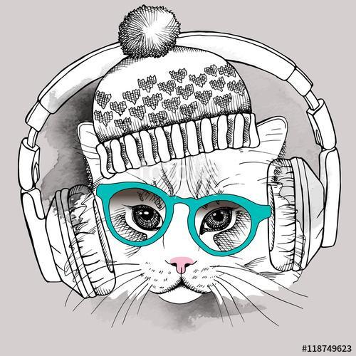 Image cat portrait in a hat and headphones. Vector illustration., Premium Kollekció