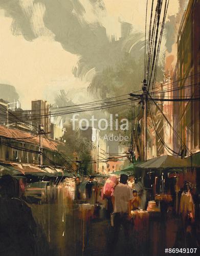 market street,colorful cityscape digital painting, Premium Kollekció
