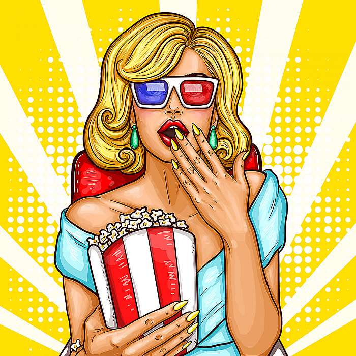 Vector pop art illustration of a excited blond woman sitting in the auditorium and watching a 3D movie., Premium Kollekció