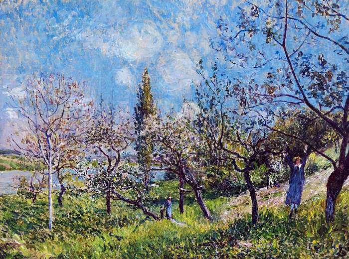 Gyümölcsös tavasszal, Alfred Sisley