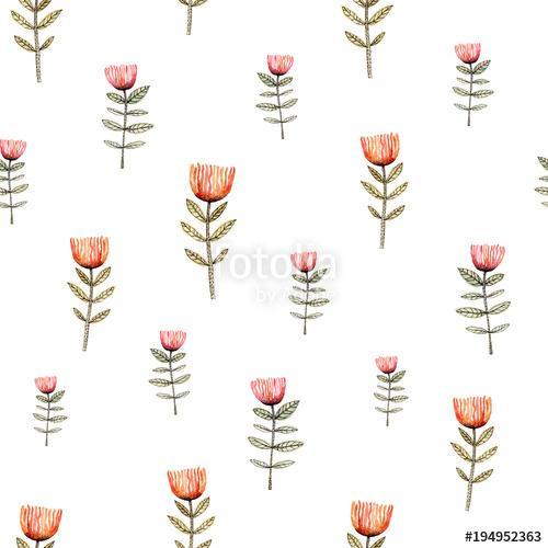 Watercolor seamless pattern with little red flowers on a white b, Premium Kollekció