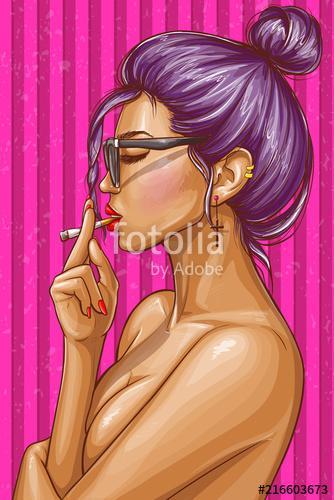 Vector pop art illustration of nude girl with closed eyes smoking cigarette. Sexy hipster woman in glasses on striped pink backg, Premium Kollekció