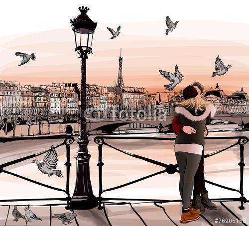 Fiatal pár szerelmes a Pont des Arts-ben Párizsban, Premium Kollekció