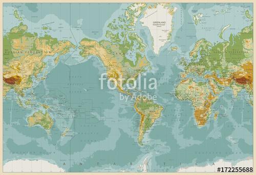 Amerika központú fizikai világtérkép. Vintage szín, Premium Kollekció