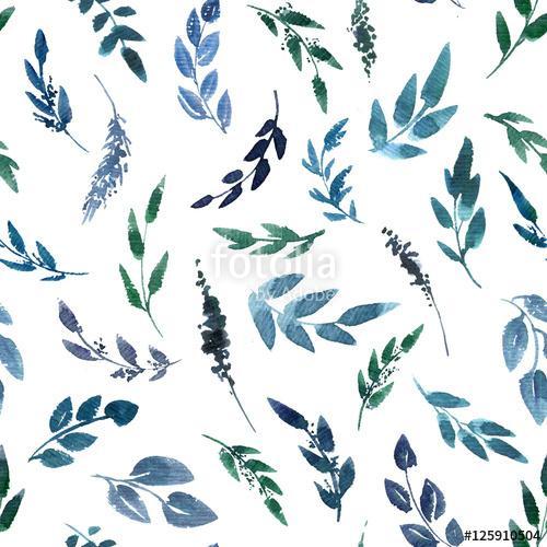 seamless pattern with blue watercolor leaves, Premium Kollekció