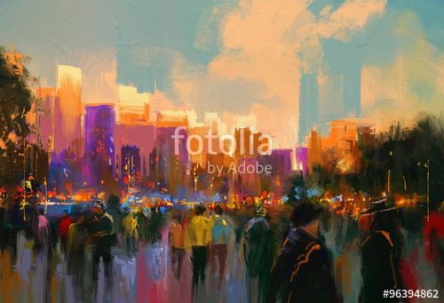 beautiful painting of people in a city park at sunset, Premium Kollekció