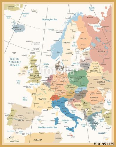Európa politikai térképe Retro színek, Premium Kollekció