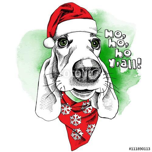 The christmas poster dog Basset Hound portrait in the Santas hat, Premium Kollekció