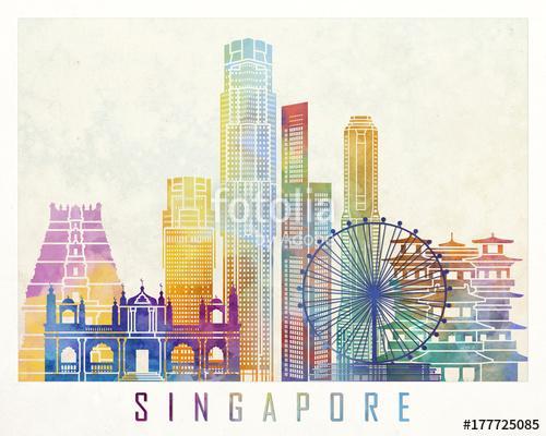 Singapore landmarks watercolor poster, Premium Kollekció