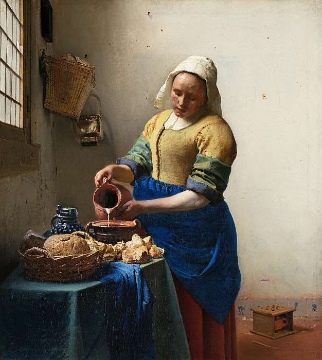 Tejet öntő nő , Jan Vermeer