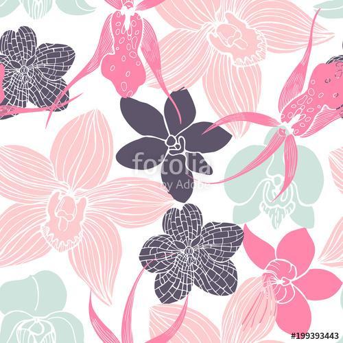 Hand drawn orchids.Vector  seamless pattern, Premium Kollekció