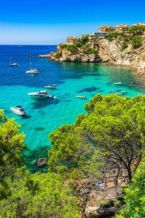 Majorca Spain Mediterranean Sea Coast bay with boats at Santa Po, Premium Kollekció