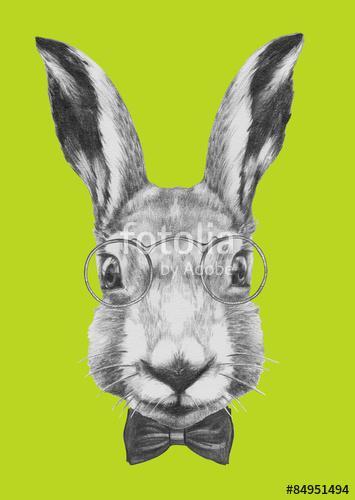 Original drawing of Rabbit with glasses and bow tie. Isolated on, Premium Kollekció