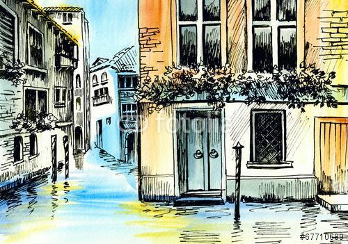 akvarellfestés - szanál Velencében, Premium Kollekció