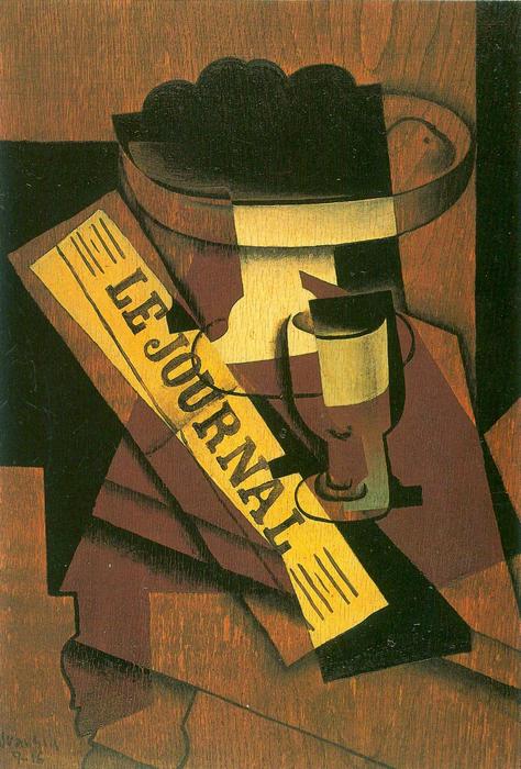 Gyümölcsös tál, pohár és újság, Juan Gris