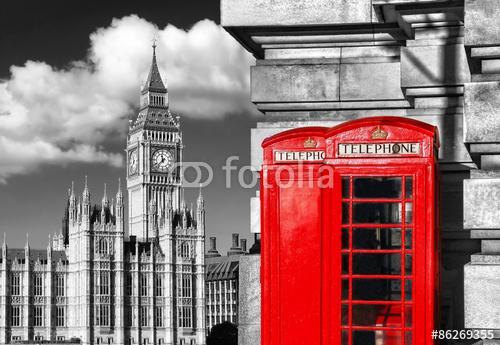 angol vörös telefonos fülkék a Big Ben-vel Londonban, az Egyesül, Premium Kollekció