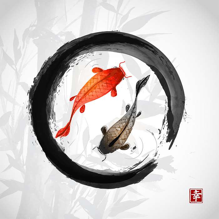 Fekete enso zen kör vörös és fekete halakkal , Premium Kollekció