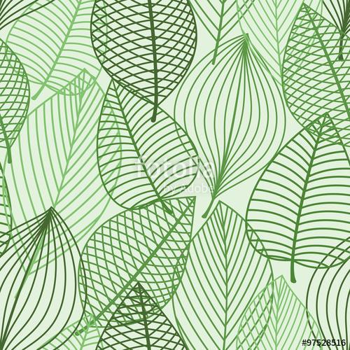 Green foliage seamless pattern of outline leaves, Premium Kollekció