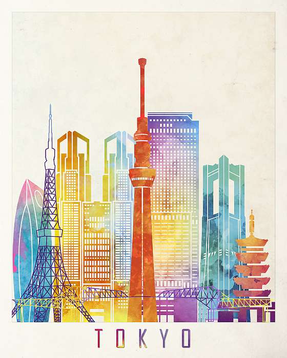 Tokyo landmarks watercolor poster, Premium Kollekció